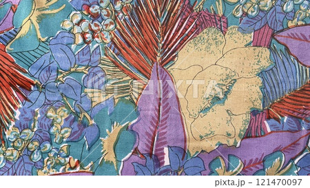 Vibrant tropical fabric design featuring colorful floral and leaf patterns 121470097