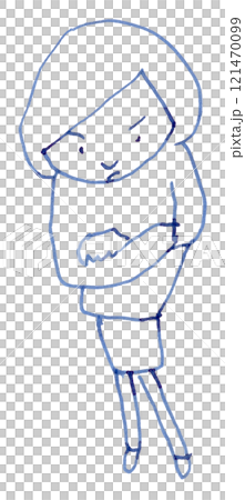 A woman standing with her arms folded, overhead line drawing illustration handwritten_ fountain pen blue-black dye ink A woman standing with her arms folded, overhead line drawing illustration handwritten_ fountain pen blue-black dye ink 121470099