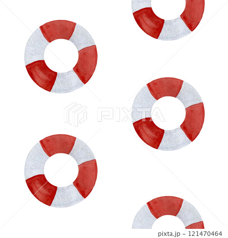 Lifebuoy watercolor seamless pattern isolated on white. Hand painted clip art perfect for cards, wrapping paper, packaging travel, voyage design, advertisements, invitations, guides and logo decor 121470464
