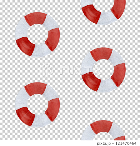 Lifebuoy watercolor seamless pattern isolated on white. Hand painted clip art perfect for cards, wrapping paper, packaging travel, voyage design, advertisements, invitations, guides and logo decor 121470464