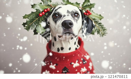 Dalmatian in festive sweater with holly wreath in snowfall Dalmatian in festive sweater with holly wreath in snowfall 121470811