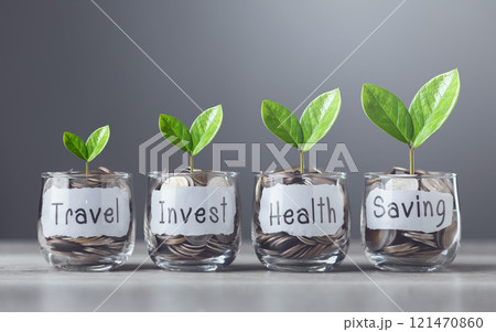 Glass jar filled with coins and a sprout growing from the center, labeled "Travel," "Invest," "Health," and "Saving," symbolizes diverse financial goals, growth, and a balanced approach to future Glass jar filled with coins and a sprout growing from the center, labeled "Travel," "Invest," "Health," and "Saving," symbolizes diverse financial goals, growth, and a balanced approach to future 121470860