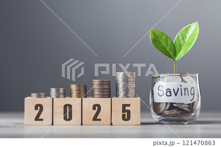 A glass jar filled with coins and a sprout labeled Saving, wooden blocks marked 2025, and neatly stacked coins on a table, symbolizing financial growth and future aspirations against a gray backdrop 121470863