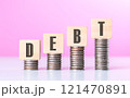 Stack of coins neatly arranged on top of a wooden block labeled "DEBT," symbolizing financial burdens and the weight of monetary obligations, set against a neutral background to emphasize the concept Stack of coins neatly arranged on top of a wooden block labeled "DEBT," symbolizing financial burdens and the weight of monetary obligations, set against a neutral background to emphasize the concept 121470891