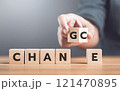 Man selects between the words 'CHANGE' and 'CHANCE' on wooden blocks, symbolizing the decision-making process and embracing opportunities for growth Man selects between the words 'CHANGE' and 'CHANCE' on wooden blocks, symbolizing the decision-making process and embracing opportunities for growth 121470895