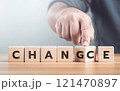 Man selects between the words 'CHANGE' and 'CHANCE' on wooden blocks, symbolizing the decision-making process and embracing opportunities for growth Man selects between the words 'CHANGE' and 'CHANCE' on wooden blocks, symbolizing the decision-making process and embracing opportunities for growth 121470897