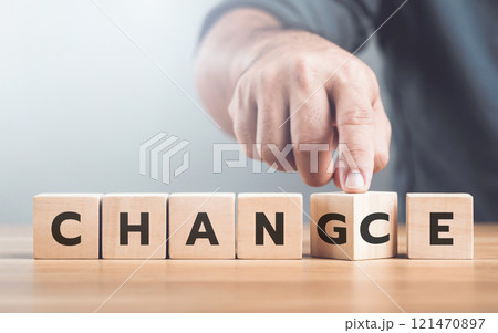 Man selects between the words 'CHANGE' and 'CHANCE' on wooden blocks, symbolizing the decision-making process and embracing opportunities for growth Man selects between the words 'CHANGE' and 'CHANCE' on wooden blocks, symbolizing the decision-making process and embracing opportunities for growth 121470897