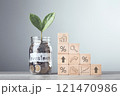 Glass jar filled with coins and a sprout labeled "Investment," placed beside stacked wooden blocks arranged like stairs with interest symbols, symbolizes financial growth, incremental savings Glass jar filled with coins and a sprout labeled "Investment," placed beside stacked wooden blocks arranged like stairs with interest symbols, symbolizes financial growth, incremental savings 121470986