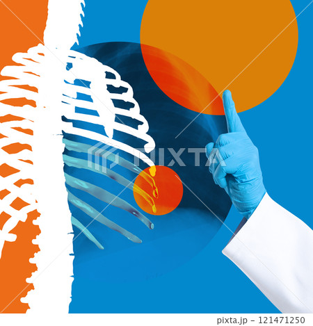 Poster. Contemporary art collage. Hand of doctor in glove pointing up with 3D model of human bones, chest, skeleton against colorful background with X-ray. Poster. Contemporary art collage. Hand of doctor in glove pointing up with 3D model of human bones, chest, skeleton against colorful background with X-ray. 121471250