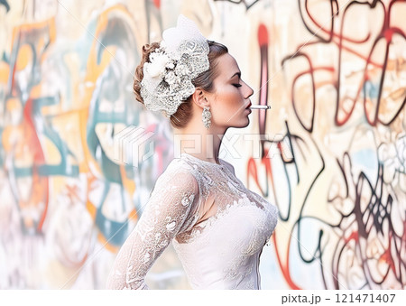 Woman,  smoking, dressed in a vintage-style bridal look, complete with a white lacy corset and a decorative headpiece, set against a gritty, urban background of blurred graffiti walls. 121471407