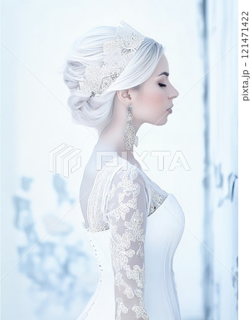 The image features a woman dressed in a vintage-style bridal look,complete with a white lacy corset and a decorative headpiece,set against a gritty, urban background 121471422