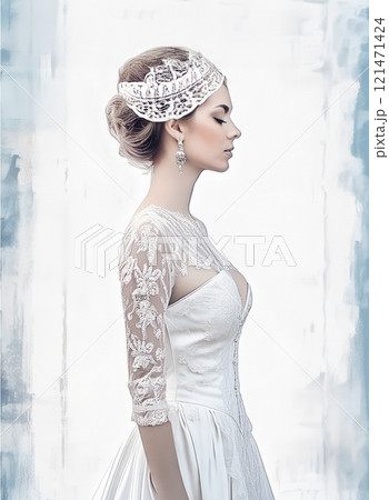 The image features a woman dressed in a vintage-style bridal look,complete with a white lacy corset and a decorative headpiece,set against a gritty, urban background 121471424