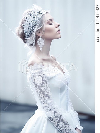The image features a woman dressed in a vintage-style bridal look,complete with a white lacy corset and a decorative headpiece,set against a gritty, urban background 121471427