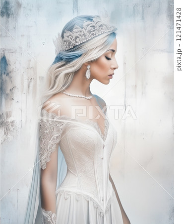 The image features a woman dressed in a vintage-style bridal look,complete with a white lacy corset and a decorative headpiece,set against a gritty, urban background 121471428