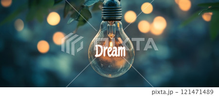 Light bulb with dream text outdoors in evening, inspirational concept 121471489