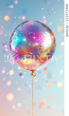 Colorful disco ball balloon against pastel sky 121471490