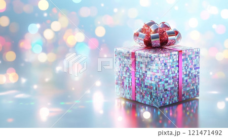 Gift box with holographic wrapping and red bow on bokeh background. Festive celebration and holiday concept 121471492