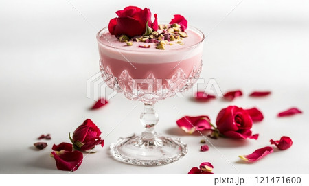Rose petal cocktail in crystal glass with pistachios on a white background, romantic gourmet concept Rose petal cocktail in crystal glass with pistachios on a white background, romantic gourmet concept 121471600