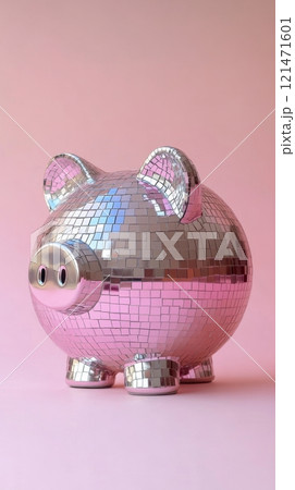 Mirror mosaic piggy bank with pink background, creative savings and finance concept 121471601