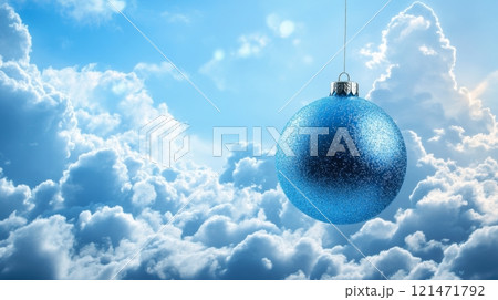Blue christmas ornament in cloudy sky, surreal holiday concept 121471792