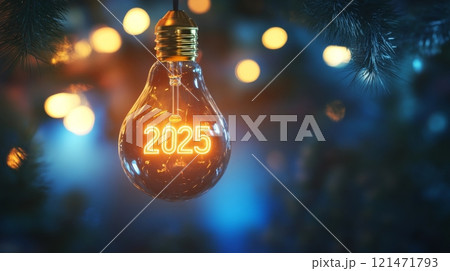 Glowing light bulb with 2025 illuminated, festive atmosphere concept 121471793