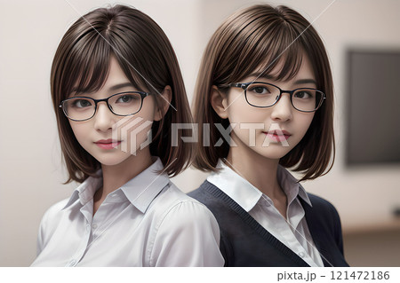 眼鏡をかけた双子の若い女性 121472186