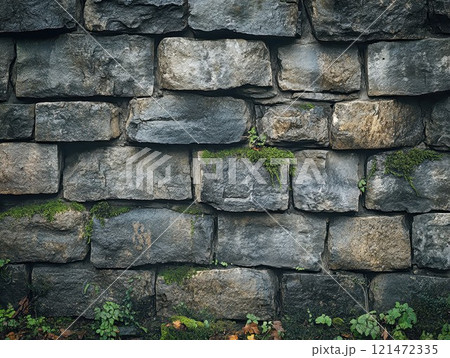 Cobblestone path with moss and greenery: nature reclaims urban spaces 121472335