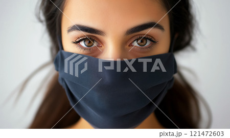 Woman with striking eyes wearing a dark mask. 121472603