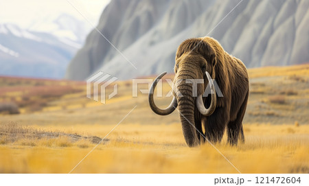 Majestic mammoth-like elephant with large tusks in the wild. 121472604