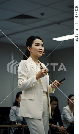 Confident Businesswoman Delivering a Presentation with Microphone 121472830