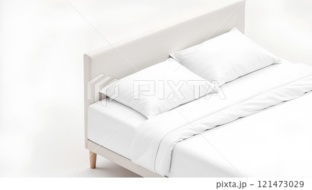 Blank white bed with pillows mock ups, isolated, 3d rendering. Empty tucked doss with pillow and duvet mockup. Clear blanket and pillowcases in bedstead template. 121473029