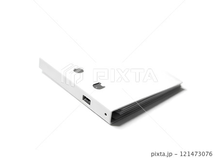 Blank white ring binder design mockup, 3d rendering. Empty closed self-binder mock up with stack of a4 paper. Office supply cardboard folder branding presentation. Desk lever arch file cover template. 121473076
