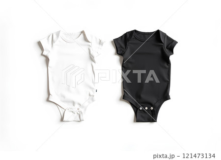 Blank black and white half sleeve baby bodysuit mockup lying. V-2 121473134
