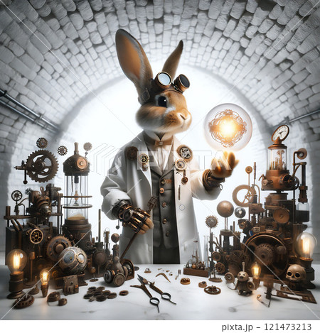 スチームパンク風の研究室で発明をするウサギ 121473213