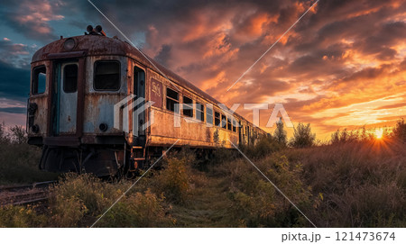 Derelict train carriage on tracks at sunset. 121473674