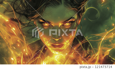Fiery woman with glowing eyes digital art. 121473714