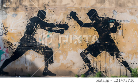 Graffiti of boxers fighting on a damaged wall. 121473716