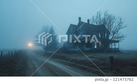 Misty dawn at a solitary countryside house. 121473762