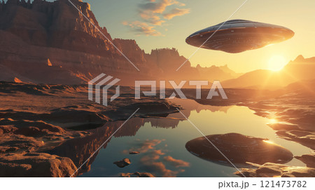 UFO hovering over desert landscape at sunset.のイラスト素材 [121473782] - PIXTA