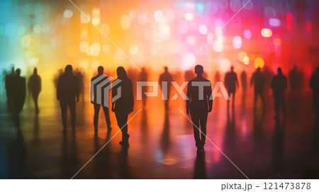 色彩豊かな背景のシルエットの人々 121473878