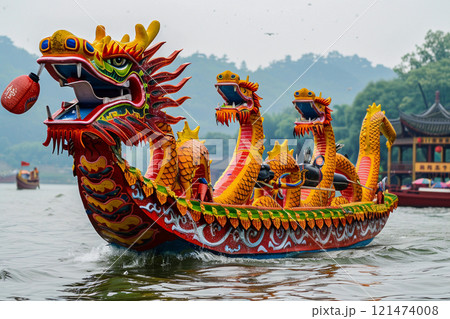 Beautiful holiday composition for happy celebrate chinese dragon boat festival, abstract vivid composition consists of fictional unreal fantastic vision on background 121474008