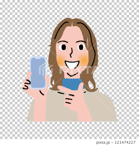 Upper body of a woman showing her smartphone 121474227