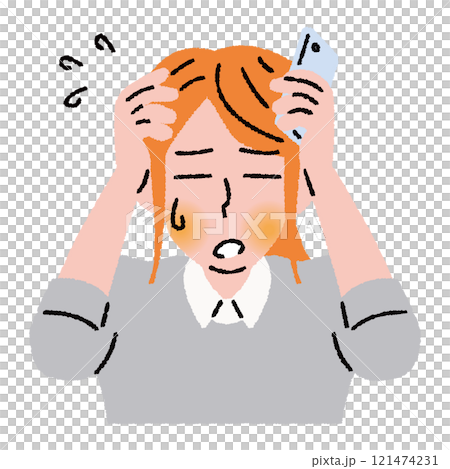 スマホを使用して困る女性の上半身 スマホを使用して困る女性の上半身 121474231