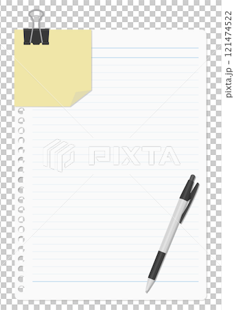 A set of lined memo paper, loose leaf paper, and ballpoint pen held together with a double clip A set of lined memo paper, loose leaf paper, and ballpoint pen held together with a double clip 121474522
