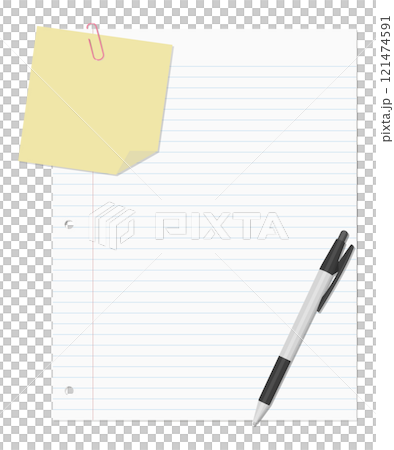 A set of lined notepads, loose-leaf paper, and a ballpoint pen, all clipped together 121474591