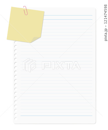 クリップで留められたメモ用紙とルーズリーフ、罫線入り クリップで留められたメモ用紙とルーズリーフ、罫線入り 121474598