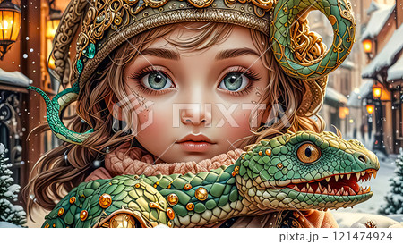 Cute girl holding green magic snake, Symbol of the year according to the eastern calendar 121474924