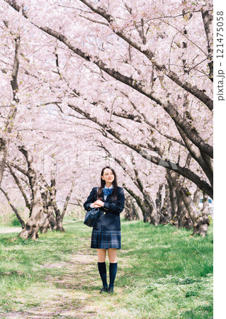 桜並木と女子高生 121475058