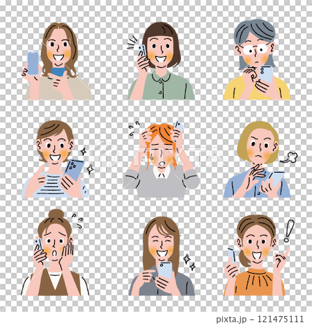 スマホを使用する9人の女性の上半身 スマホを使用する9人の女性の上半身 121475111