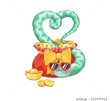 Cartoon valentines day Asian snake forms heart shape above red money sack filled with gold coins and ingots, adorned with a yellow bow. Vector playful Chinese reptile in heart sunglasses radiates fun 121475412